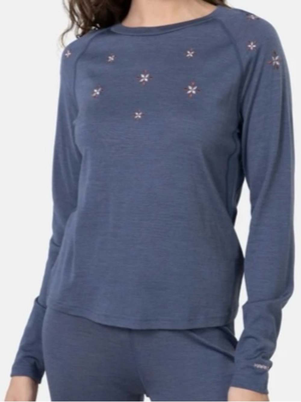 Kari Traa Tee Top Womens M Summer Wool Baselayer Floral Embroidered Moon Blue